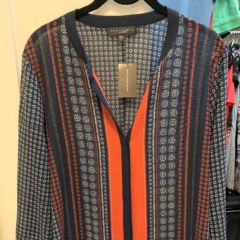 Blue multi-color button down blouse